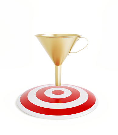 Gold colored funnel standing  on red bulls eye target on white background. Horizontal composition with clipping path and copy space.