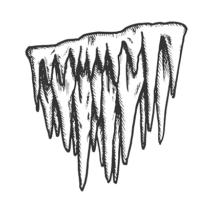 Icicle Stalactite Frost Element Monochrome Vector. Glacial Subfreezing Weather, Vertical Icy Stalactite. House Winter Decoration Engraving Mockup Designed In Vintage Style Black And White Illustration