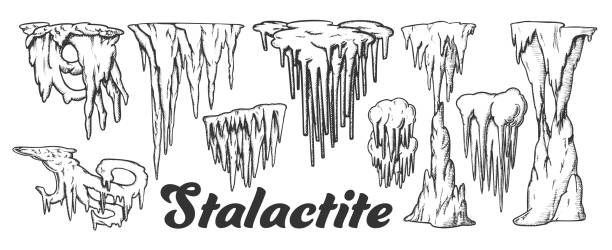 Stalactite And Stalagmite Monochrome Set Vector Stalactite And Stalagmite Monochrome Set Vector. Collection In Different Form Cave Stalactite. Mineral Formations Engraving Template Hand Drawn In Vintage Style Black And White Illustrations stalagmite stock illustrations