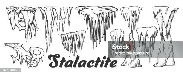 Stalactite And Stalagmite Monochrome Set Vector Stock Illustration - Download Image Now - Stalactite, Cave, Vector