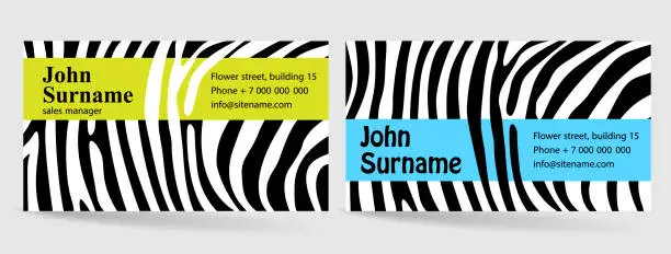 Vector illustration of Creative business card. Zebra pattern texture. Modern bright design