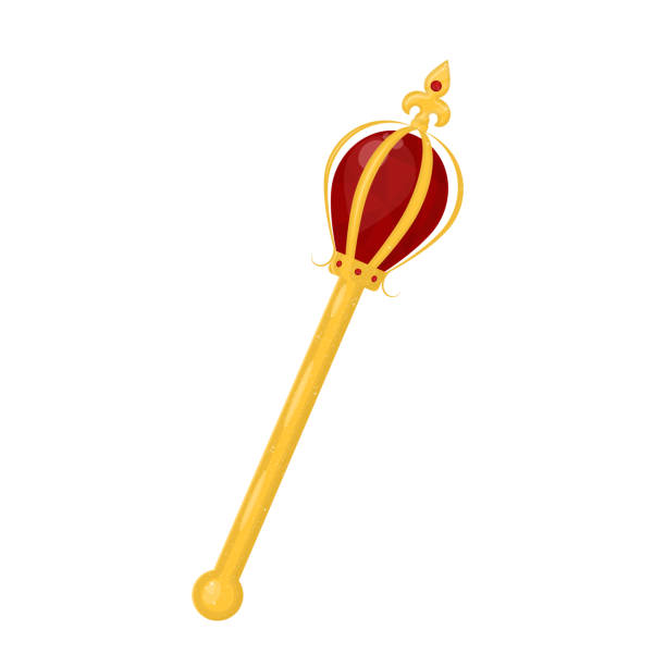Cartoon Color Golden Royal Regal Scepter. Vector Cartoon Color Golden Royal Regal Scepter Isolated on a White Background Symbol of Authority. Vector illustration of Monarchy Attribute sceptre stock illustrations