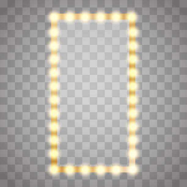 Web Glamour makeup blank mirror realistic with bulb light effect in wall background.Isolated vector set of mirror with bulb frame, vintage banner decoration glowing theatre mirror stock illustrations