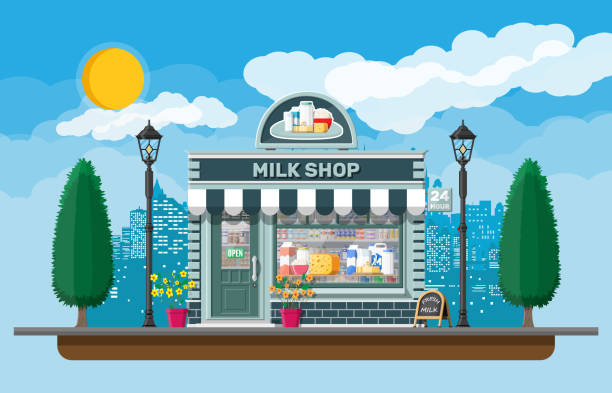 istock Dairy store or milk shop with signboard, awning. 1178013435