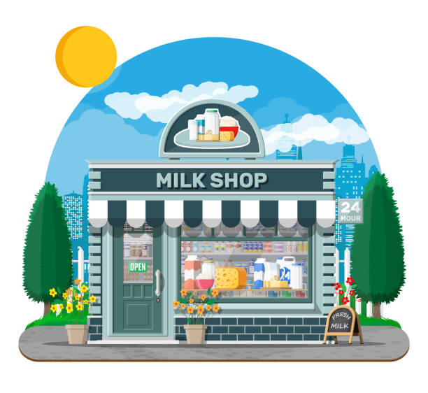 istock Dairy store or milk shop with signboard, awning. 1178013443