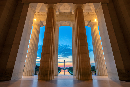 Sunrise from Lincoln Memorial with Washington Monument in Washington DC, USA
