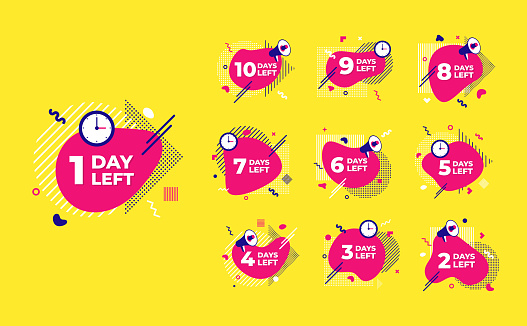 Sale countdown liquid abstract elements ten to one days left signs set vector illustration isolated symbol badge. Business date count with offer timer, limit offer concept.