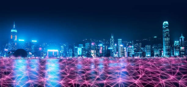 Smart Network and Connection city of Hong Kong Smart network and Connection technology concept, Hong Kong digital city background at night in victoria harbour, Cyberpunk color style, Panorama view cyberpunk stock pictures, royalty-free photos & images