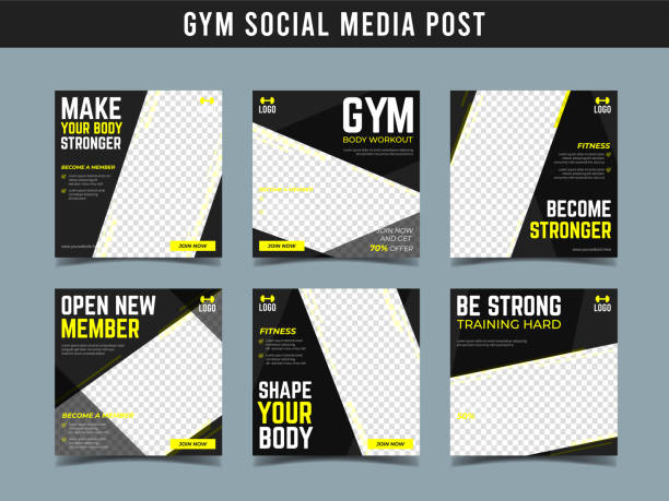 gym quadratische banner vorlage. werbebanner für social-media-post, web-banner und flyer vol.13 - gym yellow muscular build dumbbell stock-grafiken, -clipart, -cartoons und -symbole