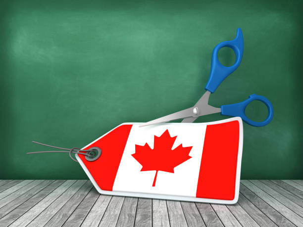 istock Canadian Flag Price Tag with Scissors on Chalkboard Background - 3D Rendering 1178019559