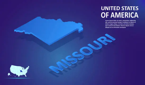 Vector illustration of Isometric MISSOURI State map on blue and glowing background. 3D Detailed Map in perspective with place for your text or description.Technology Information Graphic Elements for Website, app, UI,Travel.