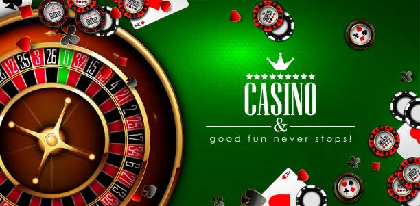 Vector illustration of Casino advertising design with roulette, playing chips and cards. Highly realistic illustration.