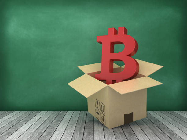 istock Cardboard Box with BITCOIN on Wood Floor - Chalkboard Background - 3D Rendering 1178024142