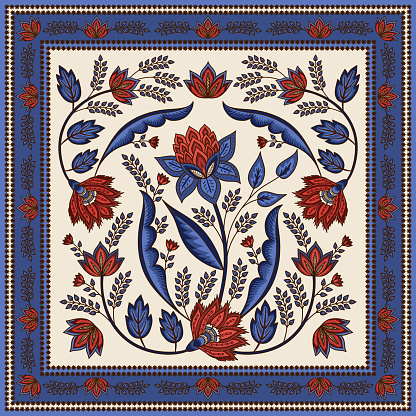 Indian floral paisley pattern vector. Vintage tropical flowers motif for silk scarf fabric. Ethnic ornament print. Persian design for woman shawls, boho carpet bandana, batik, rug, pillow case.