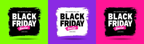 Vector illustration of Black Friday sale banners set. Trendy colors background. Brush stroke blots frame for sales and discounts. Template design. Watercolor texture. Vector grunge illustration