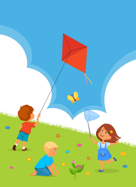 bildbanksillustrationer, clip art samt tecknat material och ikoner med barn som leker utomhus - flying kite