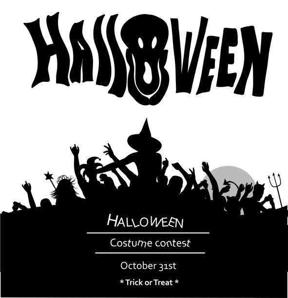 Halloween Adult Party Witch Crowd Halloween event with large crowd of adults in costumes.  hand drawn text in vector illustration format contestant stock illustrations