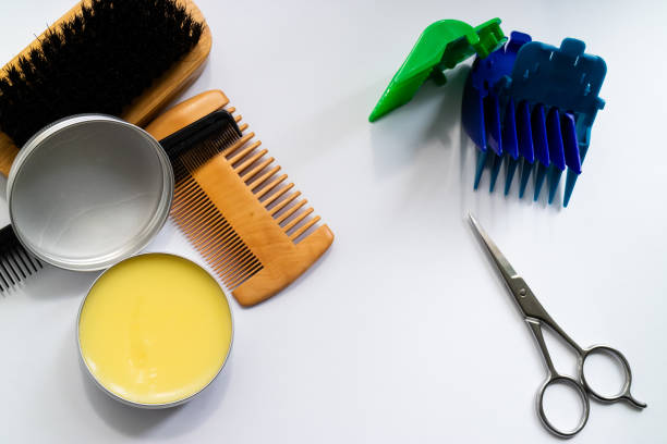 istock Flat lay of beard grooming kit, wax, combs, brush and scissors. 1178031651
