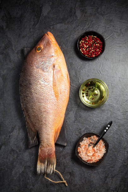 Fresh raw red snapper fish with red pepper, olive oil and Himalayan rock salt on dark background. Top view. Vertical composition. stock photo