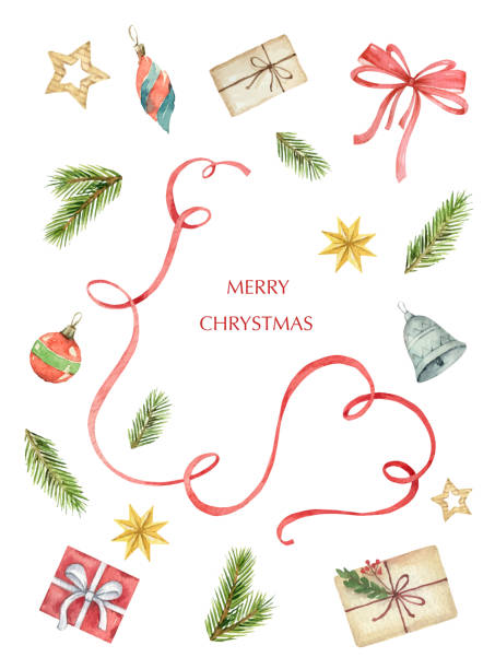 ilustrações de stock, clip art, desenhos animados e ícones de watercolor vector christmas card with fir branches and festive decorations - christmas christmas tree snow illustration and painting