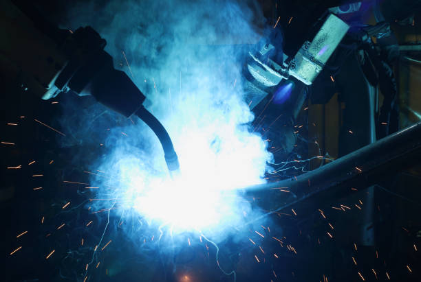 istock Robot arm in smart factory background 1178032179