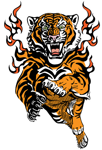 Jump of roaring tiger in tongues of flame. Angry wild big cat. Front view. Tribal tattoo style vector illustration