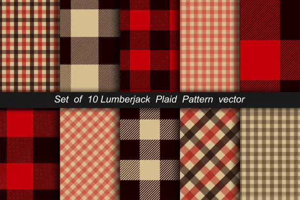Vector illustration of Set of 10 Lumberjack plaid pattern. Lumberjack plaid and buffalo check patterns. Lumberjack plaid tartan and gingham patterns. Vector illustration