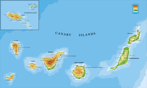 Canary and Madeira islands physical map Highly detailed physical map of the Canary and Madeira islands ,in vector format,with all the relief forms,regions and big cities. tenerife stock illustrations