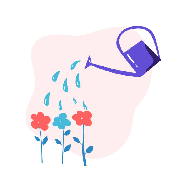 ilustraciones, imágenes clip art, dibujos animados e iconos de stock de riego vectorial puede regar flores en el jardín. concepto de ilustración sobre el cuidado de las flores para niños libro, diseño web - foilage