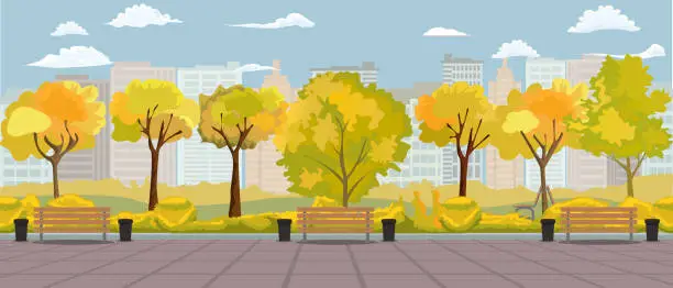 Vector illustration of Cartoon autumn park panorama with walkway bench and bins. Fall street yellow tree path panoramic landscape. Vector illustration.