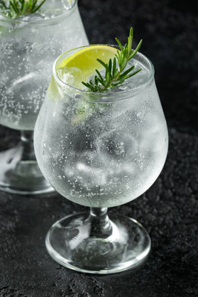 istock Gin and Tonic Alcohol drink with Lime, Rosemary and ice on rustic black table 1178035419