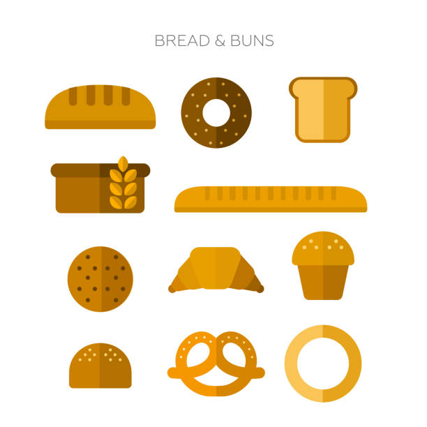illustrations, cliparts, dessins animés et icônes de collection bread and brioches. vector, flat design - pretzel isolated bread white background
