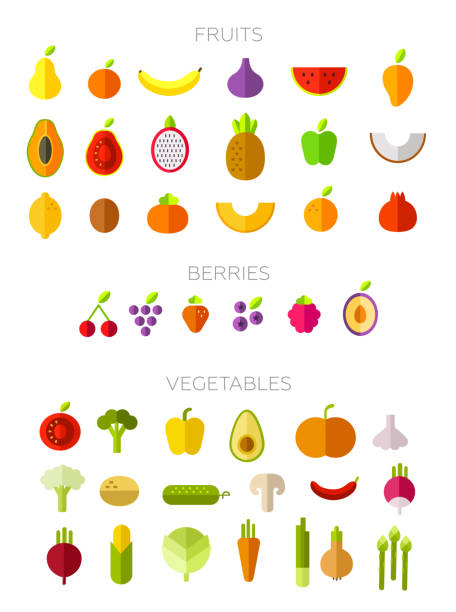 ilustraciones, imágenes clip art, dibujos animados e iconos de stock de colección de frutas, bayas y verduras - fruit stone