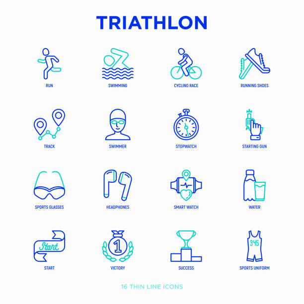 zestaw ikon cienkiej linii triathlonu: biegacz, pływak, wyścig kolarski, stoper, start, pistolet, okulary sportowe, start, zwycięstwo, sukces. nowoczesna ilustracja wektorowa. - sports uniform audio stock illustrations