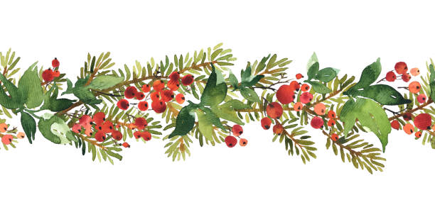 illustrations, cliparts, dessins animés et icônes de modèle horizontal d'aquarelle de noel sans couture avec des baies de houx, des branches d'épinette et des feuilles vertes - christmas holly backgrounds pattern