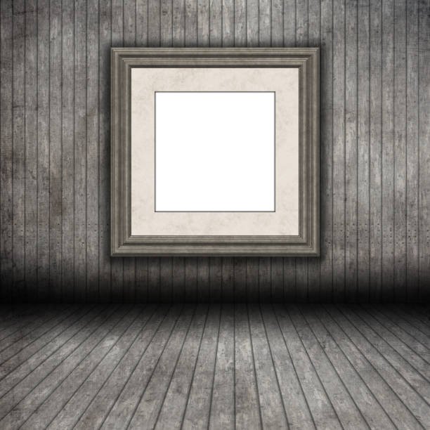 istock 3D grunge wooden room interior with blank picture frame 1178039563