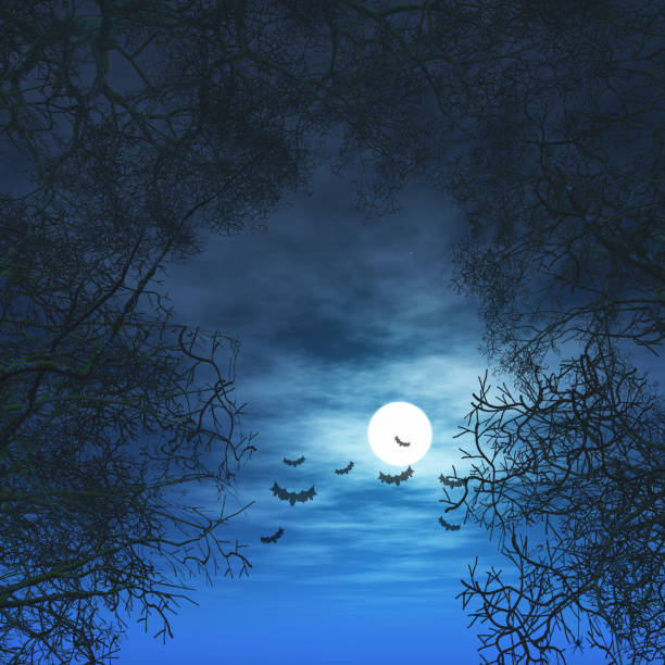 istock 3D Halloween background with trees against moonlit sky 1178039579