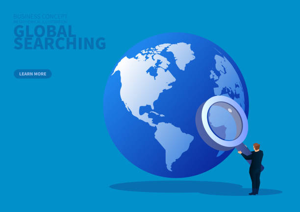 ilustraciones, imágenes clip art, dibujos animados e iconos de stock de empresario sosteniendo lupa buscando global - surveillance world map globe planet