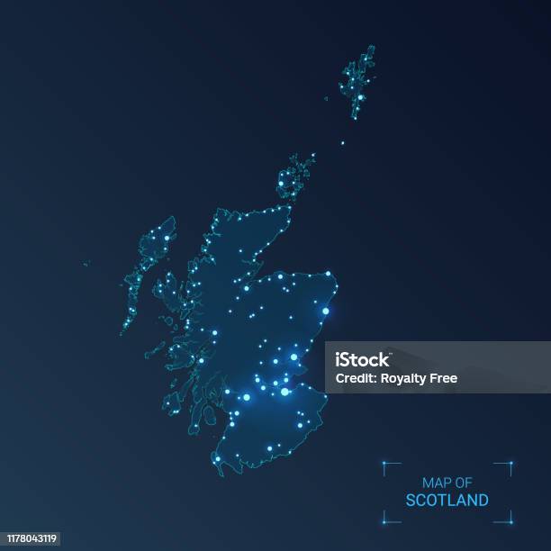 Scotland Map Reflection Scotland Map With Cities Luminous Dots Neon Lights On Dark Background ...