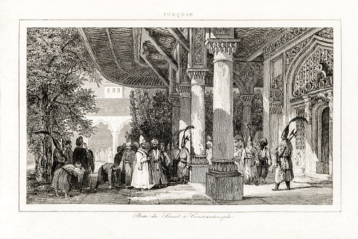 Engraving of Istanbul, Entrance of Topkapi Palace. Steel engraved antique print from the Turkey volume of L'Univers (Universe/Turkey), dated 1840.