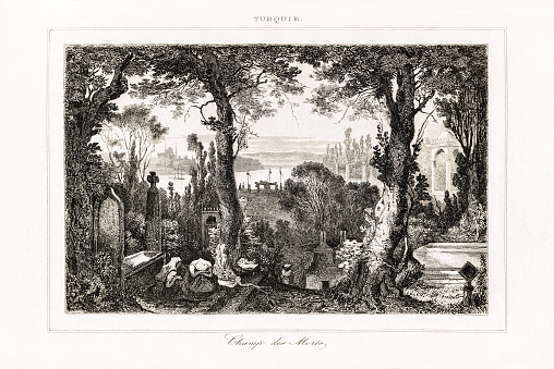 Engraving of Istanbul, Old cemetery near Golden horn. Steel engraved antique print from the Turkey volume of L'Univers (Univerce/Turkey), dated 1840.