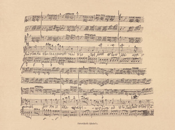 illustrazioni stock, clip art, cartoni animati e icone di tendenza di partitura scritta a mano da george frideric handel, facsimile, pubblicata nel 1885 - backgrounds etching yellow paper