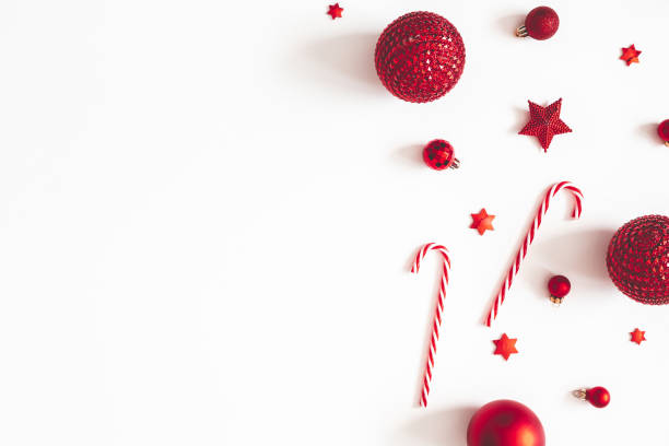 istock Christmas composition. Red decorations on white background. Christmas, winter, new year concept. Flat lay, top view, copy space 1178049232
