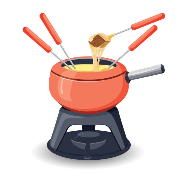 Fondue pot with assorted delicious traditional swiss cheese with burner and long handled forks with bread for dipping on white background. Vector Fondue pot with assorted delicious traditional swiss cheese with burner and long handled forks with bread for dipping on white background. Vector illustration fondue stock illustrations