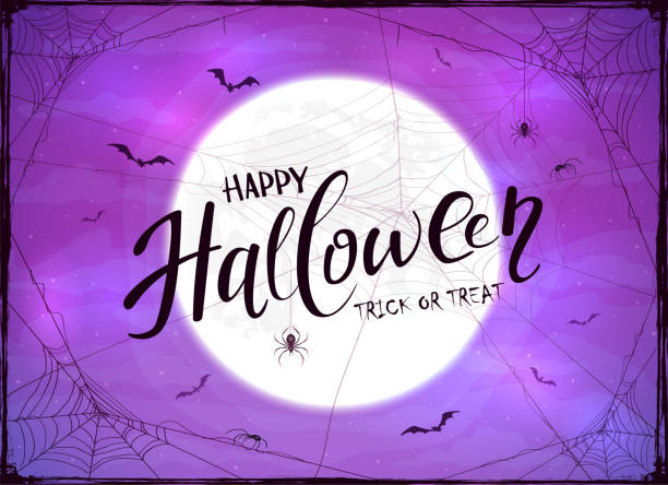 Happy Halloween and Spider on Purple Background Abstract purple background with lettering Happy Halloween, moon, black spiders, cobwebs and flying bats. Illustration can be used for children's holiday design, cards, invitations and banners. halloween moon stock illustrations