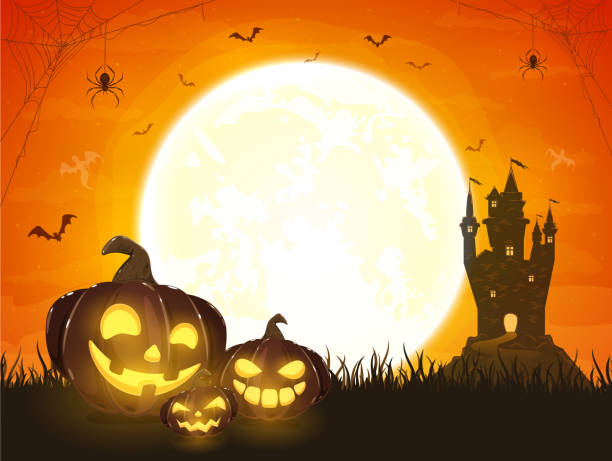 Orange Halloween Background with Pumpkins and Castle Halloween pumpkins with castle. Moon on orange night background. Card with Jack O' Lanterns, bats, ghosts and black spiders. Illustration can be used for children's holiday design, invitations, banner halloween moon stock illustrations