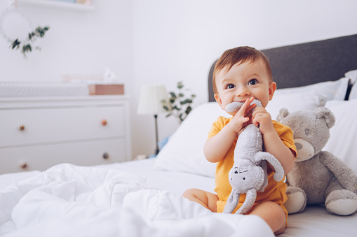Baby boy sitting in bed and playing with stuffed animal toys