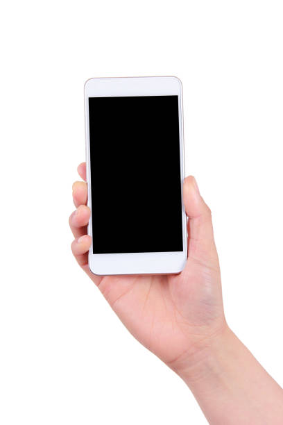 Female hand holding blank mobile phone on white background
