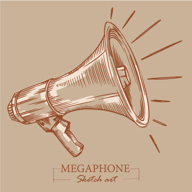 braun getönt moderne stilisierte skizze des megaphons. lautsprecher für durchsagen, bullhorn-skizzen-news oder öffentliche aufmerksamkeit. - conference phone illustrations stock-grafiken, -clipart, -cartoons und -symbole