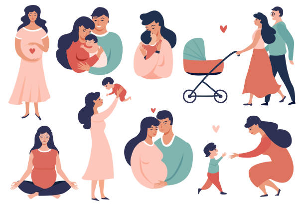 Happy Young Family set. Happy Young Family set. Pregnancy and maternity  concept illustration. Smiling Parent, Mother hold little baby. Flat Cartoon Vector Illustration happy family stock illustrations